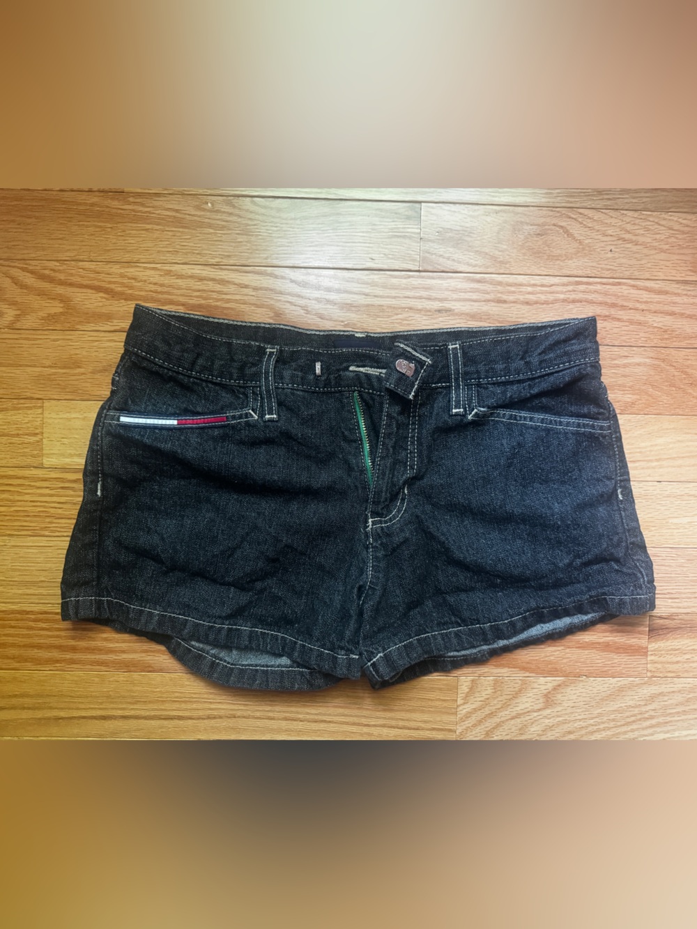 Tommy Hilfiger Black Denim Jean Shorts with Flag Detail